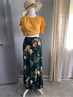Women’s Floral Maxi Skirt - Forest Green with Tropical Print